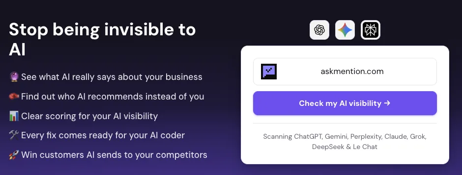 The AskMention homepage: enter your website address and it scans ChatGPT, Gemini, Perplexity, Claude, Grok, DeepSeek and Mistral to check whether AI recommends your business.
