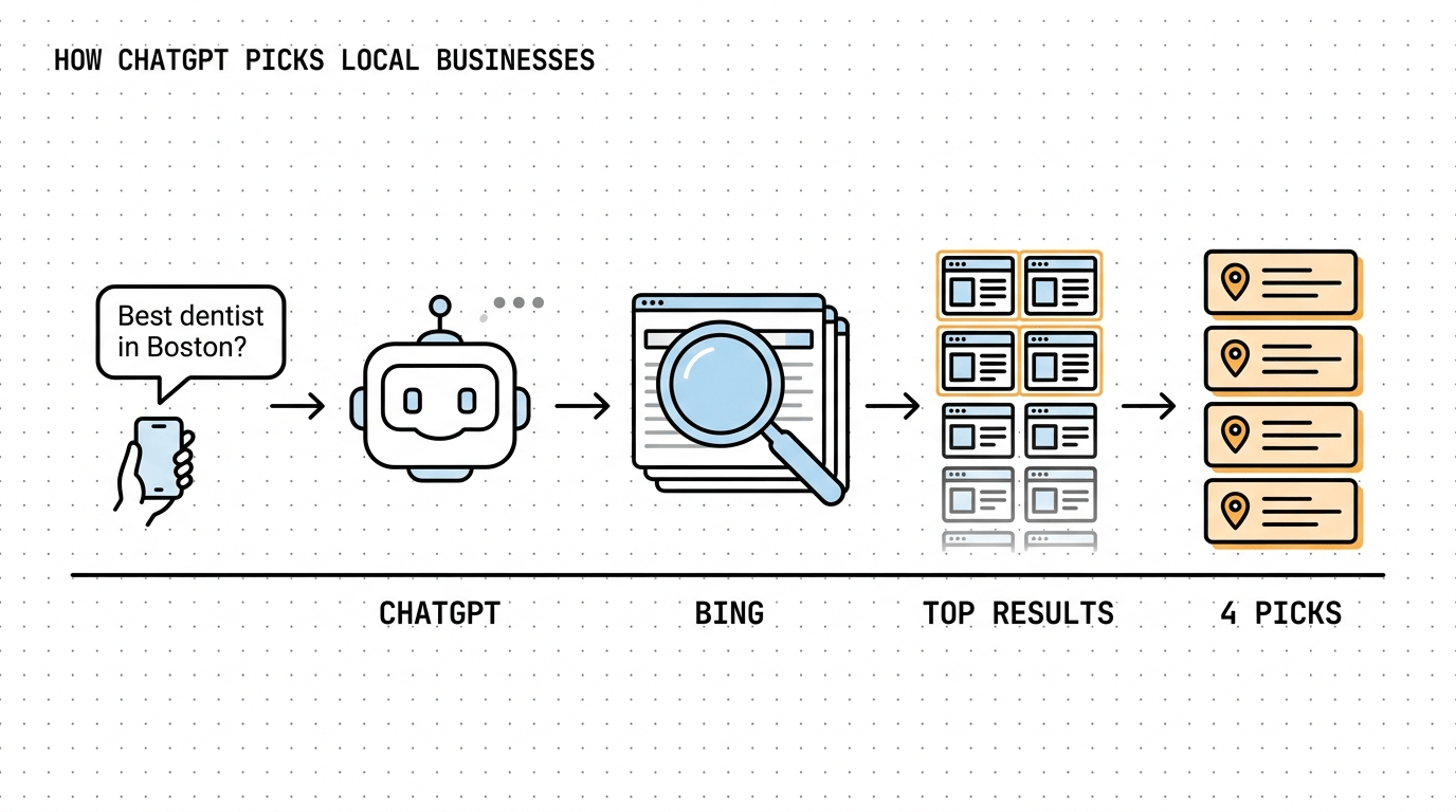 Diagram showing the five-stage pipeline behind a ChatGPT local recommendation: a user query like "Best dentist in Boston?" goes into ChatGPT, which runs a live Bing search, takes the top 20–30 web results, and returns four recommendation cards with map pins. The pipeline explains why Bing Places, review platforms, and local press matter more for local SMB visibility in ChatGPT than Google rankings alone.