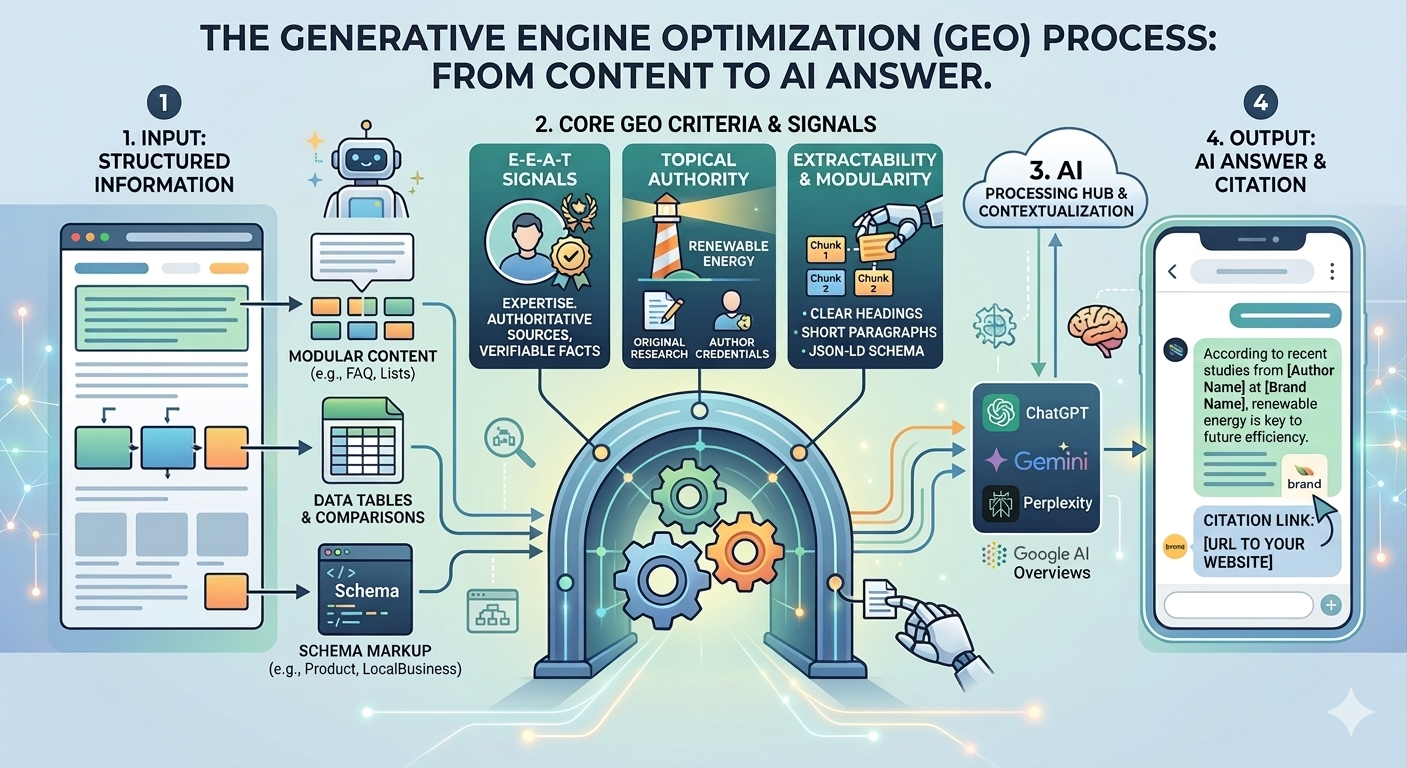 The Generative Engine Optimization (GEO) process: from structured content and E-E-A-T signals to AI answers and citations across ChatGPT, Gemini, Perplexity, and Google AI Overviews
