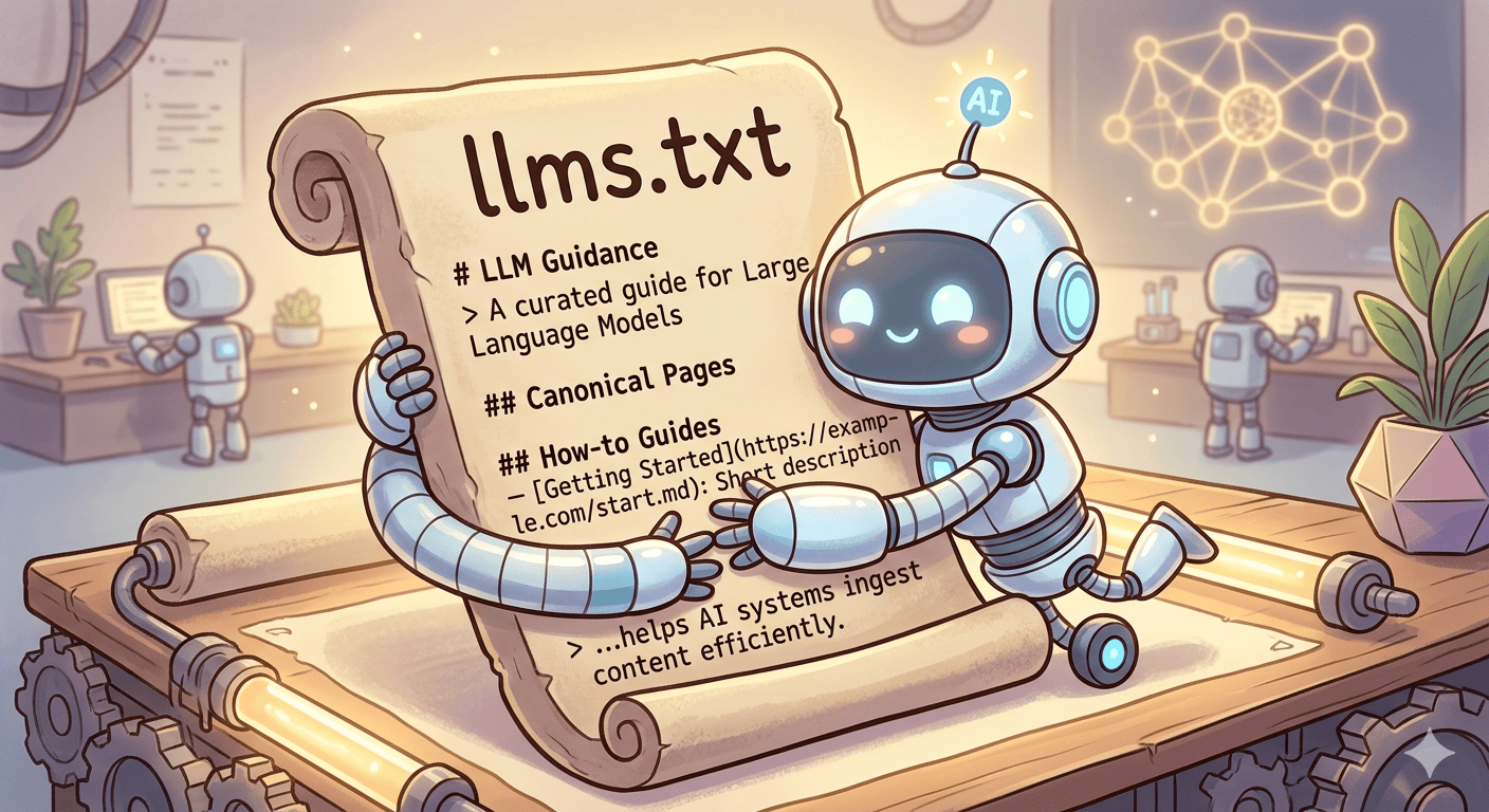 Illustration of a friendly robot holding a scroll labelled llms.txt that shows the file's structure: an H1 with the site name, a blockquote summary, and H2 sections like Canonical Pages and How-to Guides. The format is a curated guide that AI systems can read.